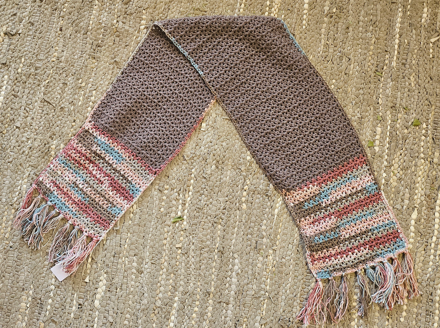 Brown Crochet Scarf colourful ends and Tassels
