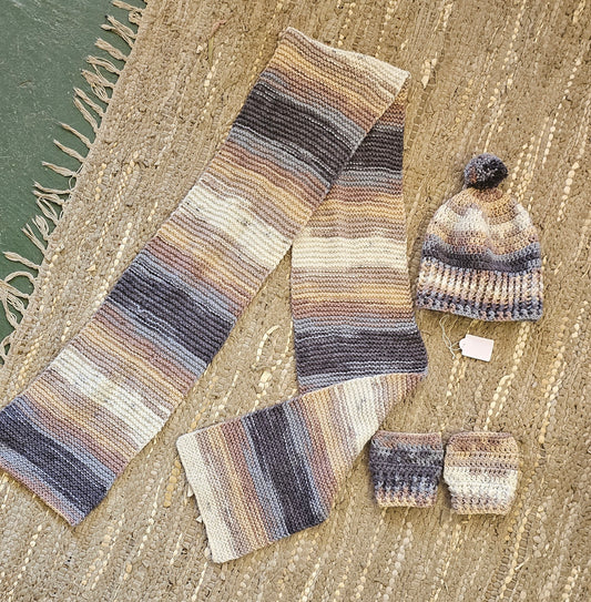 Scarf Crochet +Beanie & fingerless gloves