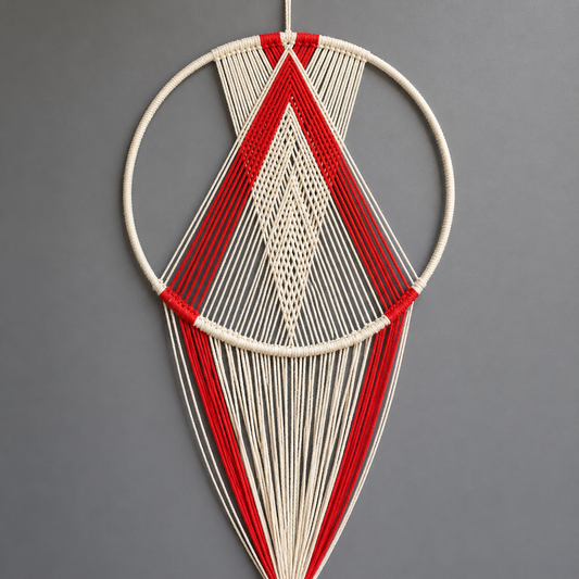 Red and White Macrame Dreamcatcher – Handmade Wall Décor
