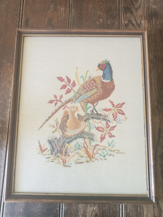 Framed picture of embroidered pheasant