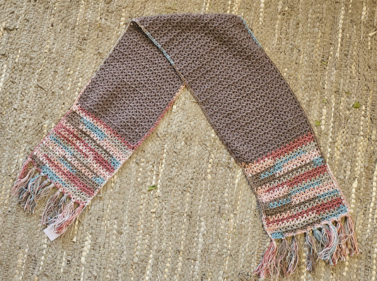 Brown Crochet Scarf colourful ends and Tassels 